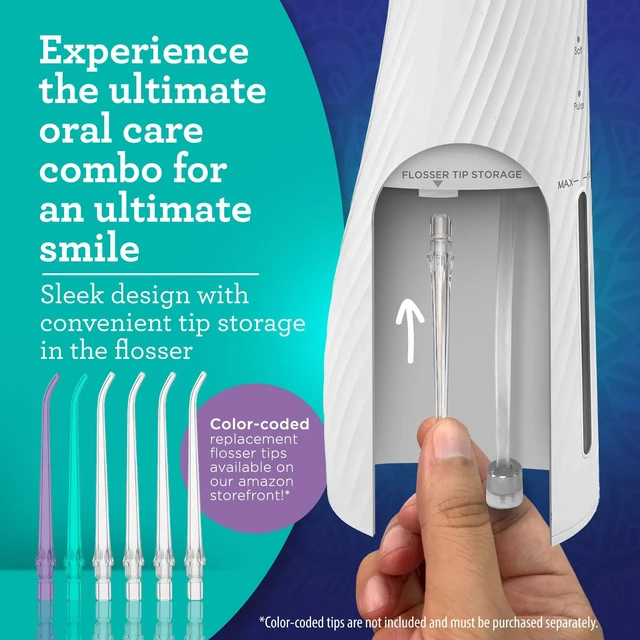 Alt view image 7 of 7 - GuruNanda Electric Toothbrush & Water Flosser, 4 Toothbrush Heads, 4 Tips | Lion & Lamb 2.0 Water Flosser Cordless & Soft Electric Toothbrush for Adults|Travel Case & Pouch|Bulit-In Tip Storage|White