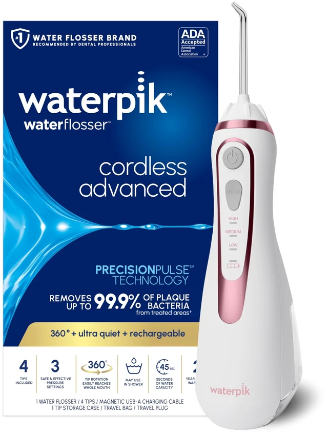 Main image of Waterpik Cordless Advanced Portable Water Flosser, Rechargeable, Rose Gold | 3 Settings, 4 Tips, Travel Bag, for Gums, Teeth, Dental Braces, Implants, Shower Use ADA Accepted WP-589 Packaging May Vary