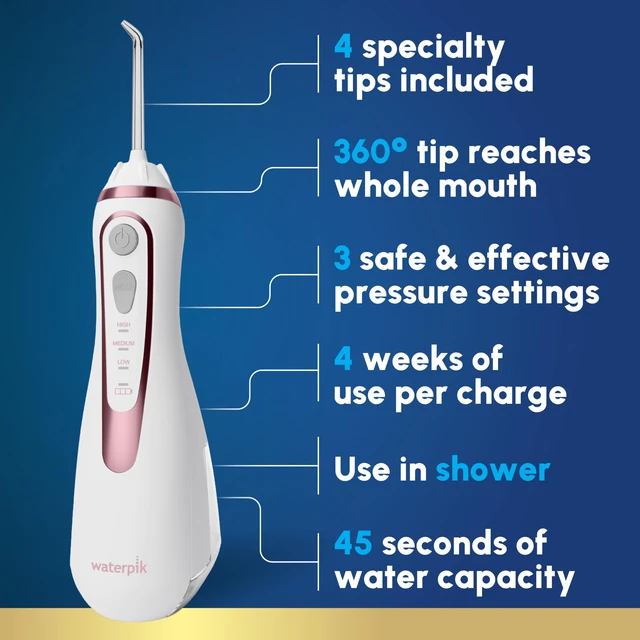 Alt view image 2 of 7 - Waterpik Cordless Advanced Portable Water Flosser, Rechargeable, Rose Gold | 3 Settings, 4 Tips, Travel Bag, for Gums, Teeth, Dental Braces, Implants, Shower Use ADA Accepted WP-589 Packaging May Vary
