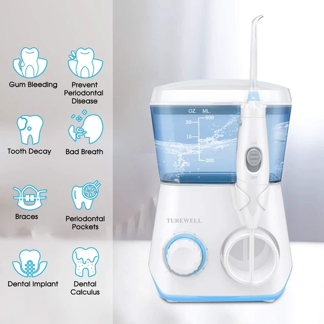 Alt view image 2 of 7 - TUREWELL Water Dental Flossing Oral Irrigator for Teeth/Braces | 600ML Dental Cleaner 10 Adjustable Pressure, Electric Oral Flosser 8 Replacement Jet Tips for Family (White)