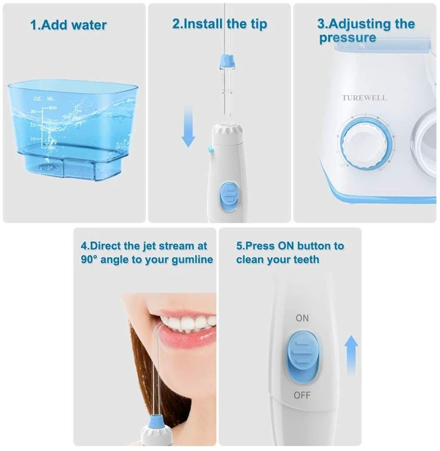 Alt view image 6 of 7 - TUREWELL Water Dental Flossing Oral Irrigator for Teeth/Braces | 600ML Dental Cleaner 10 Adjustable Pressure, Electric Oral Flosser 8 Replacement Jet Tips for Family (White)