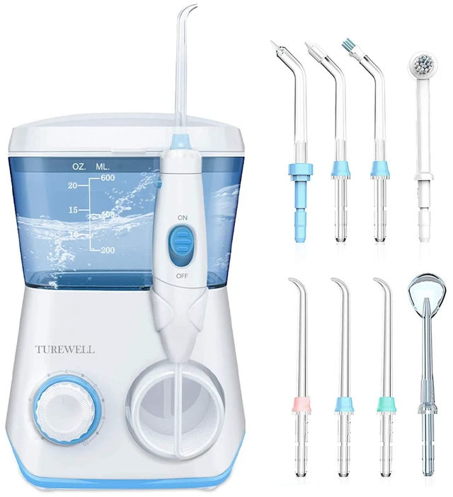 Main image of TUREWELL Water Dental Flossing Oral Irrigator for Teeth/Braces | 600ML Dental Cleaner 10 Adjustable Pressure, Electric Oral Flosser 8 Replacement Jet Tips for Family (White)