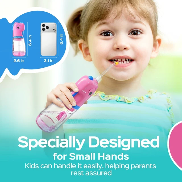 Alt view image 4 of 7 - COSLUS C61 Portable Kids Water Flosser, Safe Trigger for Ages 3+, Pink | Easy Grip Design, 4 Gentle Modes for Braces & Sensitive Gums, Fun DIY Stickers, IPX7, Home School & Travel Use, BPA-Free