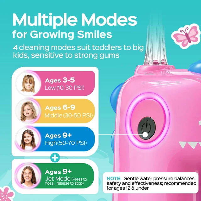 Alt view image 5 of 7 - COSLUS C61 Portable Kids Water Flosser, Safe Trigger for Ages 3+, Pink | Easy Grip Design, 4 Gentle Modes for Braces & Sensitive Gums, Fun DIY Stickers, IPX7, Home School & Travel Use, BPA-Free