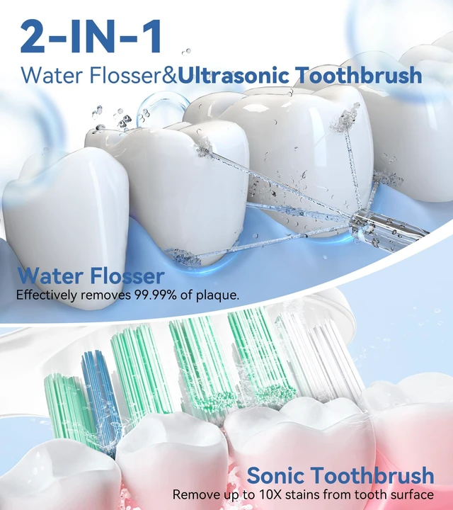 Alt view image 2 of 7 - Water Flosser & Ultrasonic Electric Toothbrush Combo, 600ML Water Dental Flosser with 7 Jet Tips, 10 Adjustable Water Pressure, 5 Toothbrush Heads for Home Use, Gums, Braces