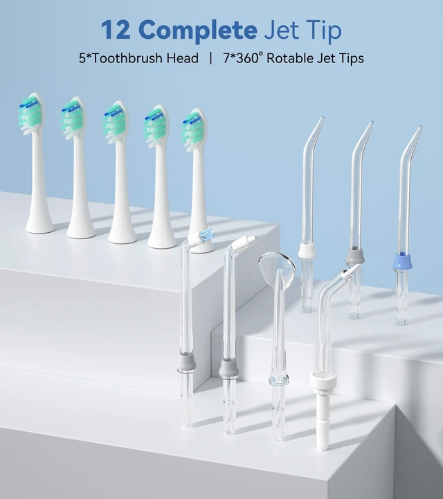Alt view image 7 of 7 - Water Flosser & Ultrasonic Electric Toothbrush Combo, 600ML Water Dental Flosser with 7 Jet Tips, 10 Adjustable Water Pressure, 5 Toothbrush Heads for Home Use, Gums, Braces