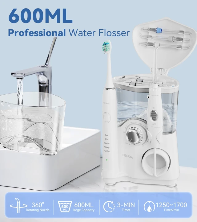 Alt view image 5 of 7 - Water Flosser & Ultrasonic Electric Toothbrush Combo, 600ML Water Dental Flosser with 7 Jet Tips, 10 Adjustable Water Pressure, 5 Toothbrush Heads for Home Use, Gums, Braces