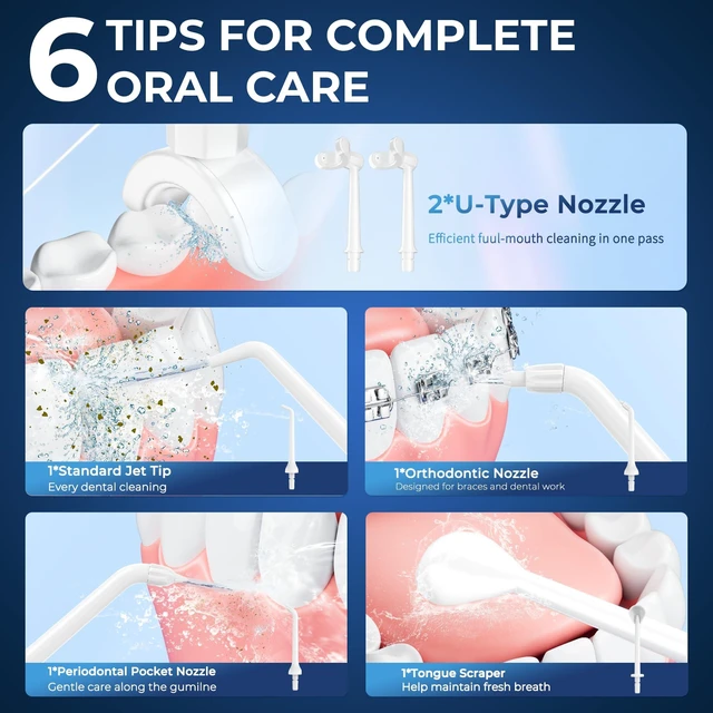 Alt view image 6 of 7 - Water Flosser with U Shaped Tips, Adjustable Water Pressure & Cordless | 350ML Large Tank+360° Surround Cleaning,Professional Dental Flosser Pick for Gums, Teeth, Dental Braces, Implants, Shower Use