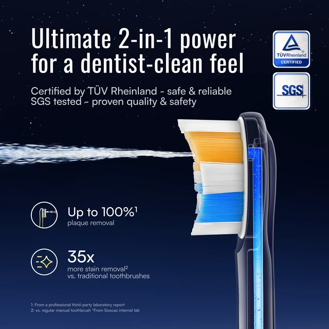 Alt view image 2 of 7 - Soocas NEOS II Electric Toothbrush with Water Flosser Combo, Dark Violet | 2-in-1 brushing and flossing for daily gum care and braces, space-saving, 30-day battery, portable, rechargeable, waterproof