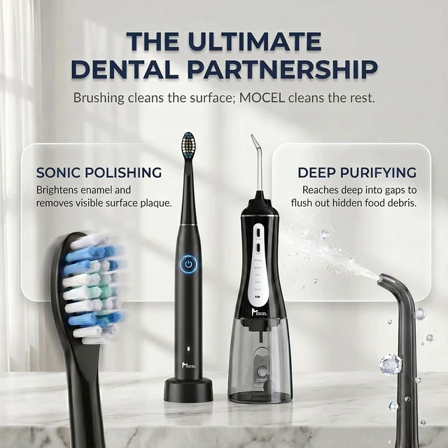 Alt view image 2 of 7 - MOCEL Water Dental Flosser and Electric Toothbrush Combo - Portable Oral Clean Kit for Teeth Cleaning, Braces & Gums Care