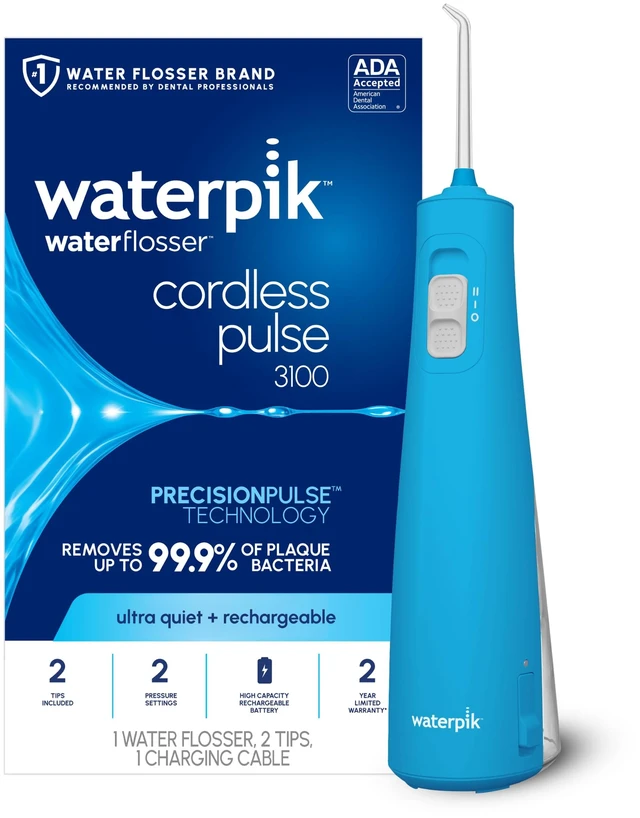Main image of Waterpik Cordless Pulse 3100 Portable Water Flosser, Rechargeable, Cyan | 2 Settings, 1 Precision Tip & 1 Tongue Cleaner Tip for Fresh Breath, Travel, Shower Use, ADA Accepted, WF-20 Amazon Exclusive