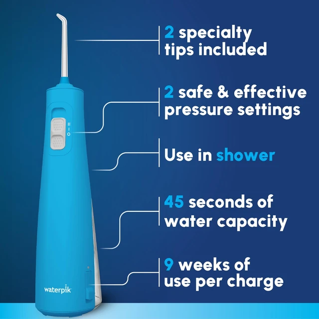 Alt view image 2 of 7 - Waterpik Cordless Pulse 3100 Portable Water Flosser, Rechargeable, Cyan | 2 Settings, 1 Precision Tip & 1 Tongue Cleaner Tip for Fresh Breath, Travel, Shower Use, ADA Accepted, WF-20 Amazon Exclusive