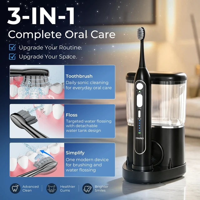 Alt view image 2 of 7 - Electric Toothbrush with Water Flosser, Flossing Toothbrush, 500ML,B | 3-in-1 Combo, For Gum Care,Braces,Implants,Daily Cleaning Teeth, 5 Speeds, IPX7 Waterproof, Sonic Toothbrush & Water Flosser