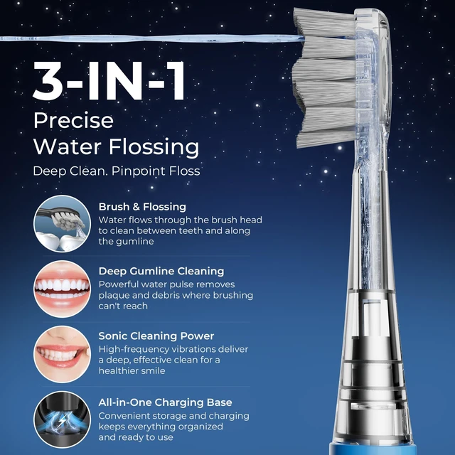 Alt view image 3 of 7 - Electric Toothbrush with Water Flosser, Flossing Toothbrush, 500ML,B | 3-in-1 Combo, For Gum Care,Braces,Implants,Daily Cleaning Teeth, 5 Speeds, IPX7 Waterproof, Sonic Toothbrush & Water Flosser