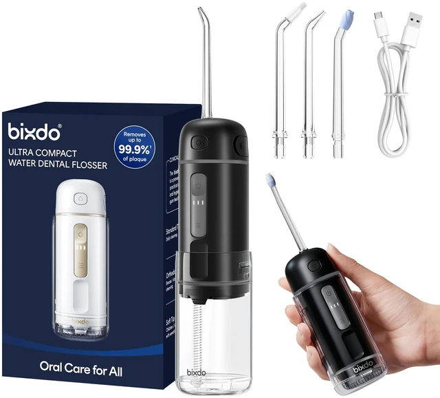 Main image of Bixdo Glossonic Flosser Go (PE) Portable Cordless Water Flosser (Black) | IPX7 Waterproof, 360°Nozzles, 3 Mode,45-80 PSI,Portable Cordless Water Flosser for Adults, Braces & Sensitive Gums