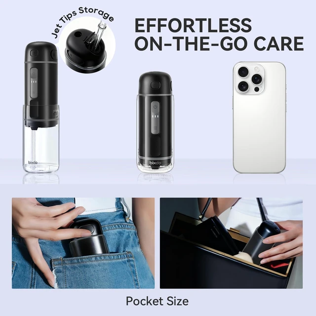 Alt view image 2 of 7 - Bixdo Glossonic Flosser Go (PE) Portable Cordless Water Flosser (Black) | IPX7 Waterproof, 360°Nozzles, 3 Mode,45-80 PSI,Portable Cordless Water Flosser for Adults, Braces & Sensitive Gums