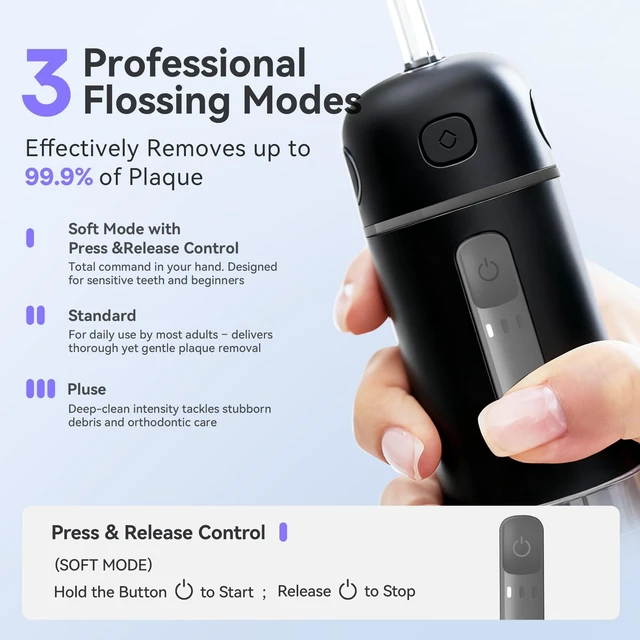 Alt view image 5 of 7 - Bixdo Glossonic Flosser Go (PE) Portable Cordless Water Flosser (Black) | IPX7 Waterproof, 360°Nozzles, 3 Mode,45-80 PSI,Portable Cordless Water Flosser for Adults, Braces & Sensitive Gums