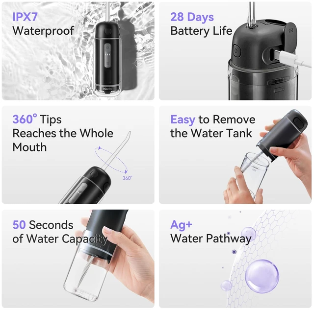 Alt view image 7 of 7 - Bixdo Glossonic Flosser Go (PE) Portable Cordless Water Flosser (Black) | IPX7 Waterproof, 360°Nozzles, 3 Mode,45-80 PSI,Portable Cordless Water Flosser for Adults, Braces & Sensitive Gums