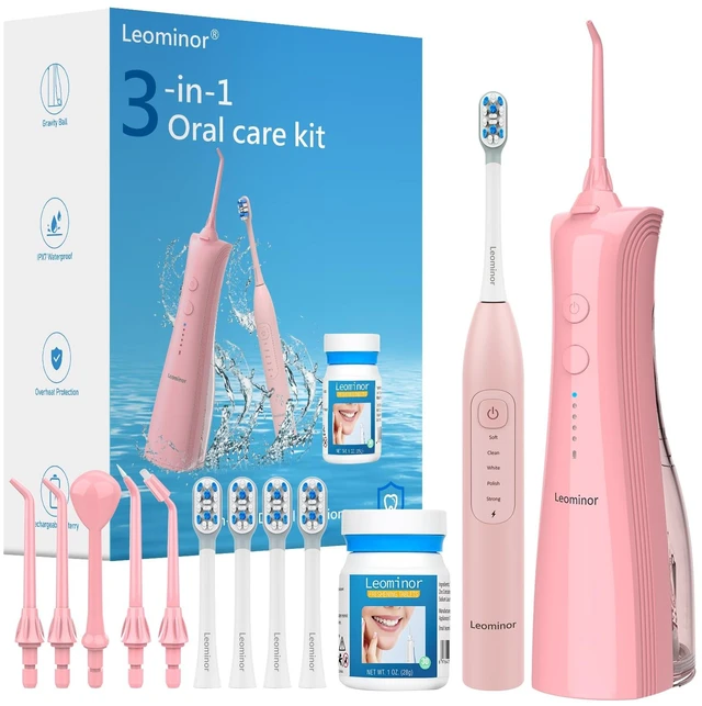 Main image of Leominor 3-in-1 Water Flosser & Electric Toothbrush Combo Cordless Oral Irrigator with 235ml Large Tank,5 Modes, IPX7 Waterproof,Freshening Strips,for Teeth,Gums,Braces,Home & Travel,Pink