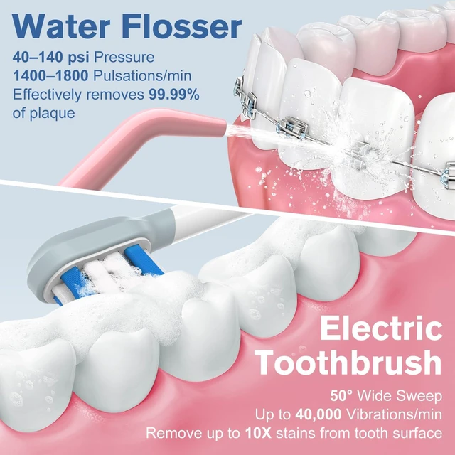 Alt view image 2 of 7 - Leominor 3-in-1 Water Flosser & Electric Toothbrush Combo Cordless Oral Irrigator with 235ml Large Tank,5 Modes, IPX7 Waterproof,Freshening Strips,for Teeth,Gums,Braces,Home & Travel,Pink