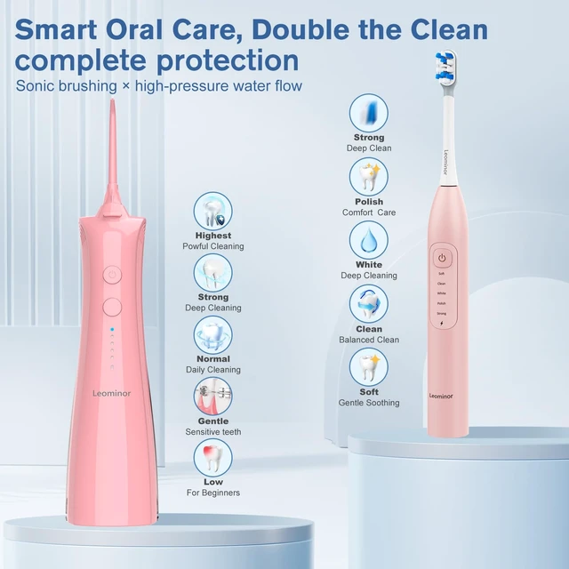 Alt view image 3 of 7 - Leominor 3-in-1 Water Flosser & Electric Toothbrush Combo Cordless Oral Irrigator with 235ml Large Tank,5 Modes, IPX7 Waterproof,Freshening Strips,for Teeth,Gums,Braces,Home & Travel,Pink