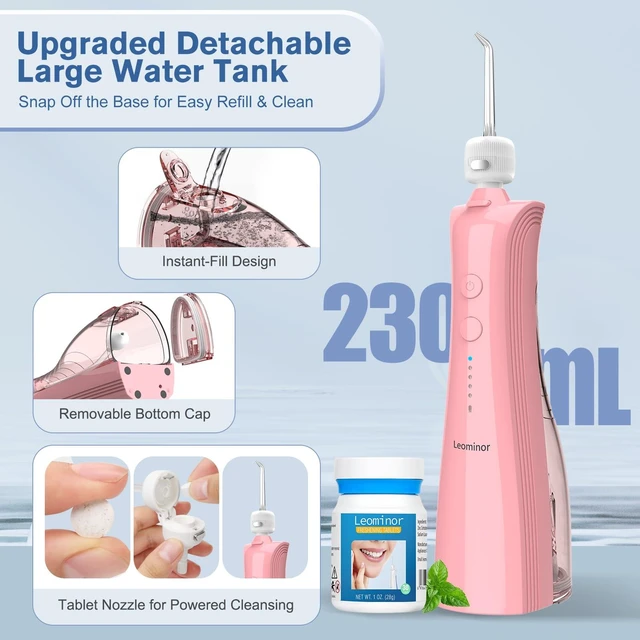 Alt view image 4 of 7 - Leominor 3-in-1 Water Flosser & Electric Toothbrush Combo Cordless Oral Irrigator with 235ml Large Tank,5 Modes, IPX7 Waterproof,Freshening Strips,for Teeth,Gums,Braces,Home & Travel,Pink