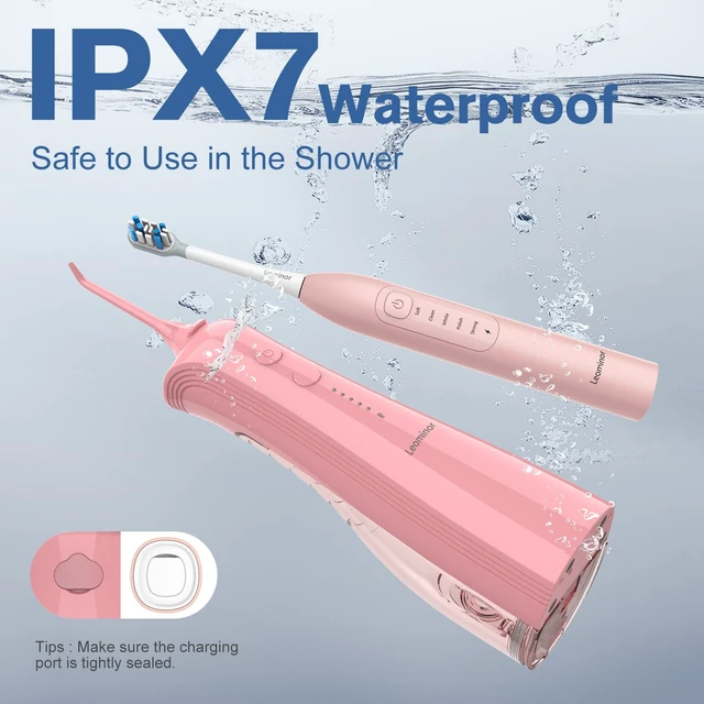 Alt view image 6 of 7 - Leominor 3-in-1 Water Flosser & Electric Toothbrush Combo Cordless Oral Irrigator with 235ml Large Tank,5 Modes, IPX7 Waterproof,Freshening Strips,for Teeth,Gums,Braces,Home & Travel,Pink