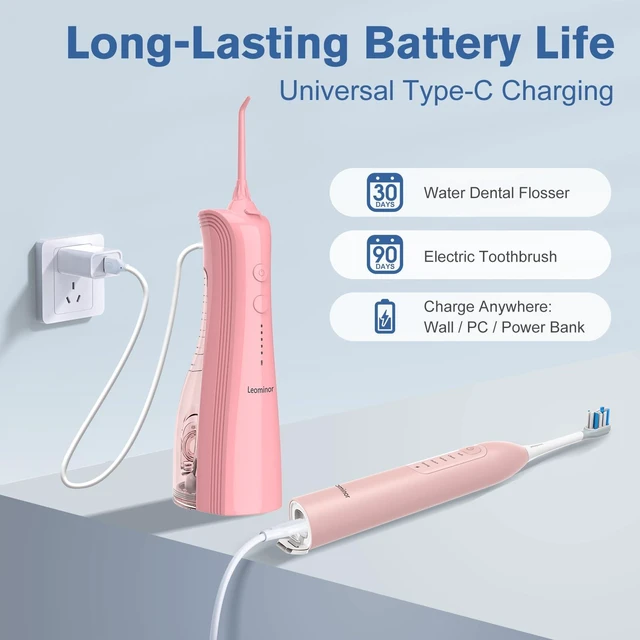 Alt view image 7 of 7 - Leominor 3-in-1 Water Flosser & Electric Toothbrush Combo Cordless Oral Irrigator with 235ml Large Tank,5 Modes, IPX7 Waterproof,Freshening Strips,for Teeth,Gums,Braces,Home & Travel,Pink