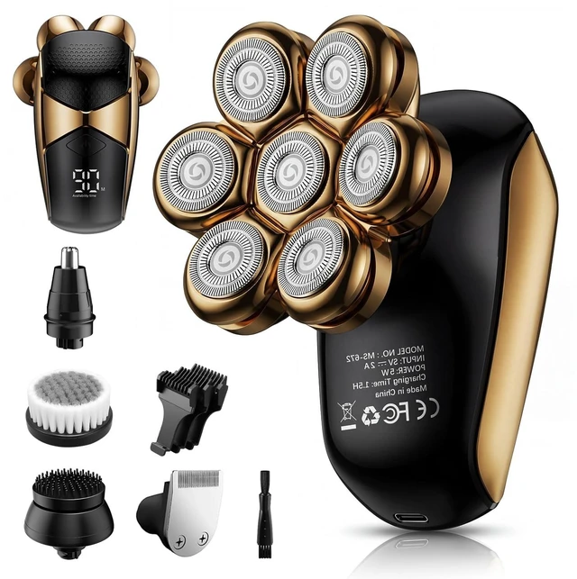 Main image of SHPAVVER Head Shavers for Bald Men: 5-in-1 IPX7 Waterproof Grooming Kit - 7D Floating Electric Razor with Magnetic Removable Head - Wet/Dry LED Display - Type-C Fast Charging, Deep Gold