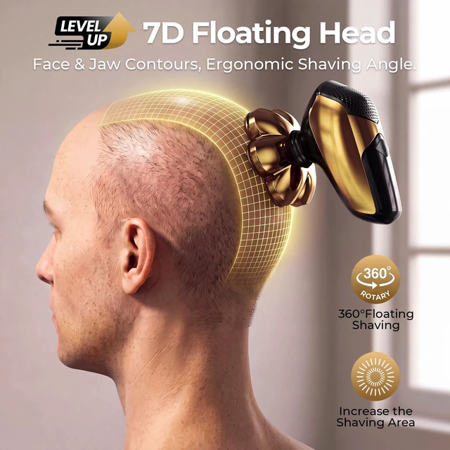 Alt view image 2 of 7 - SHPAVVER Head Shavers for Bald Men: 5-in-1 IPX7 Waterproof Grooming Kit - 7D Floating Electric Razor with Magnetic Removable Head - Wet/Dry LED Display - Type-C Fast Charging, Deep Gold
