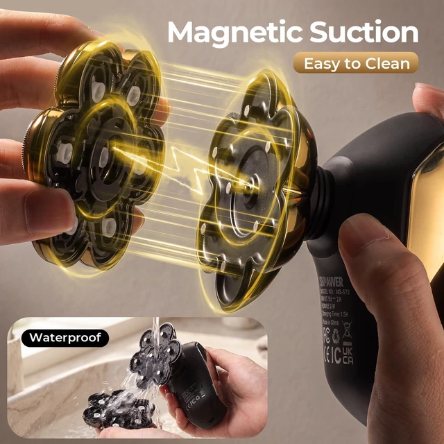 Alt view image 3 of 7 - SHPAVVER Head Shavers for Bald Men: 5-in-1 IPX7 Waterproof Grooming Kit - 7D Floating Electric Razor with Magnetic Removable Head - Wet/Dry LED Display - Type-C Fast Charging, Deep Gold
