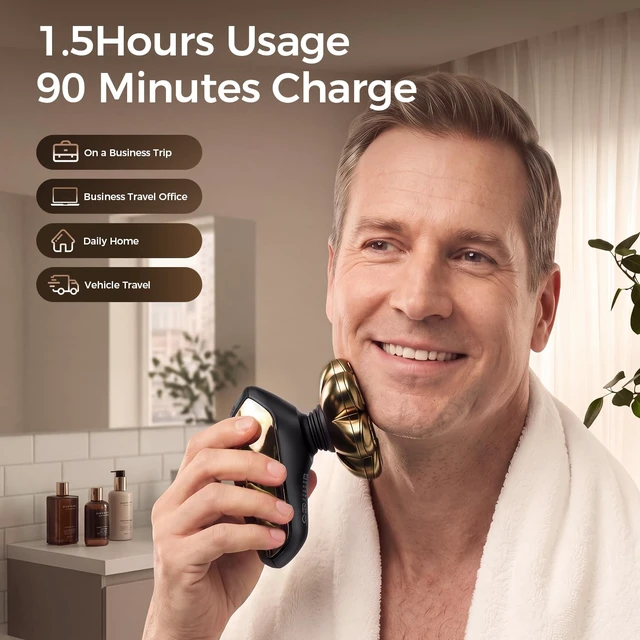 Alt view image 6 of 7 - SHPAVVER Head Shavers for Bald Men: 5-in-1 IPX7 Waterproof Grooming Kit - 7D Floating Electric Razor with Magnetic Removable Head - Wet/Dry LED Display - Type-C Fast Charging, Deep Gold