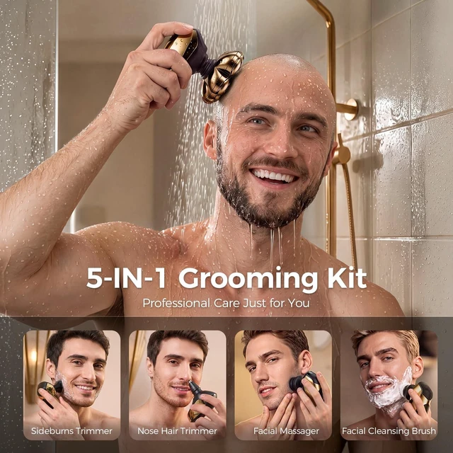 Alt view image 4 of 7 - SHPAVVER Head Shavers for Bald Men: 5-in-1 IPX7 Waterproof Grooming Kit - 7D Floating Electric Razor with Magnetic Removable Head - Wet/Dry LED Display - Type-C Fast Charging, Deep Gold