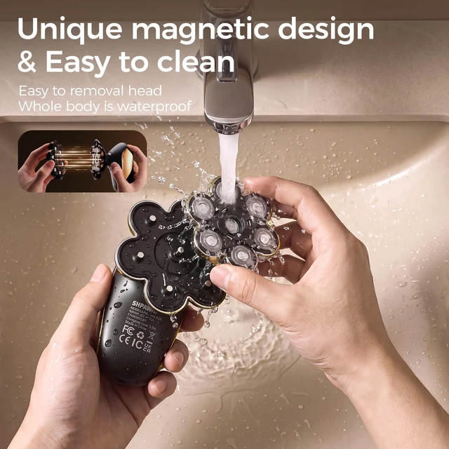Alt view image 7 of 7 - SHPAVVER Head Shavers for Bald Men: 5-in-1 IPX7 Waterproof Grooming Kit - 7D Floating Electric Razor with Magnetic Removable Head - Wet/Dry LED Display - Type-C Fast Charging, Deep Gold