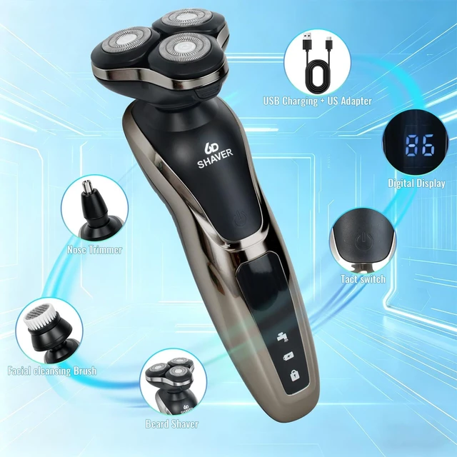 Alt view image 2 of 7 - 4-in-1 Electric Razor for Men, 9999 RPM High-Speed Electric Shaver with 6D Floating-Head, 90-Minute Long-Lasting, IPX6 Waterproof, LED Display, Wet/Dry Shaver with Nose Trimmer Sideburns Trimmer Face