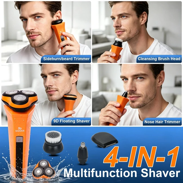 Alt view image 2 of 7 - 4-in-1 Electric Shavers for Men, 9D Floating Head, 9999 RPM High Speed Electric Shaver, LED Display, IPX7 Waterproof Wet & Dry Shave for Beard/Nose Hair/Sideburns