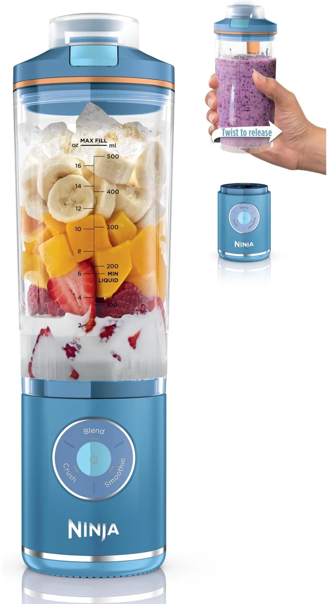 Main image of Ninja Blast Max Portable Blender, 22oz, Blue Raspberry, BC251BL2 | Twist & Go removable 22-oz vessel. Auto-iQ Crush & Smoothie programs, cordless. Dishwasher safe, leakproof lid.