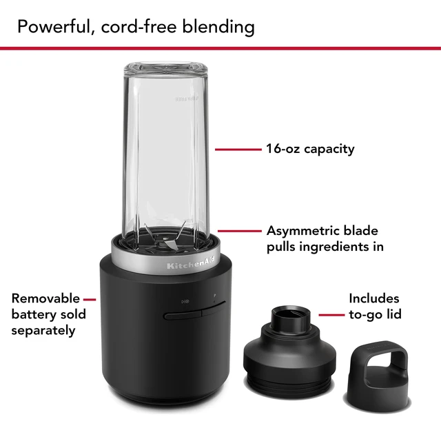 Alt view image 3 of 6 - KitchenAid Go Cordless Personal Blender - battery sold separately, KSBR200 | Cordless, Create your Favorite Smoothie, BPA-Free Blending Jar, Travel lid, Battery Sold Separately, Black Matte