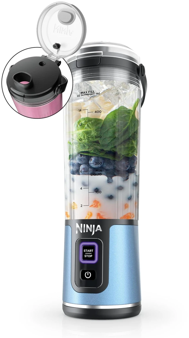 Main image of Ninja Blast Portable Blender, Cordless,18oz Vessel, Metallic Blue, BC151BM | USB-C rechargeable, cordless blending anywhere. BlastBlade crushes ice & frozen fruit. Leakproof sip lid, dishwasher safe.
