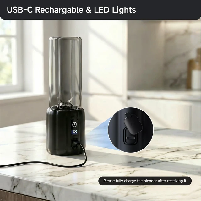 Alt view image 5 of 7 - COKUNST Portable Blender, 17oz Smoothie Blender with LED Display, Black | Rechargeable 17oz Personal Blender, 8 Blades 22000 RPM Motor, USB C Charge, Travel Lid, Small Mixer for protein, Home, Office