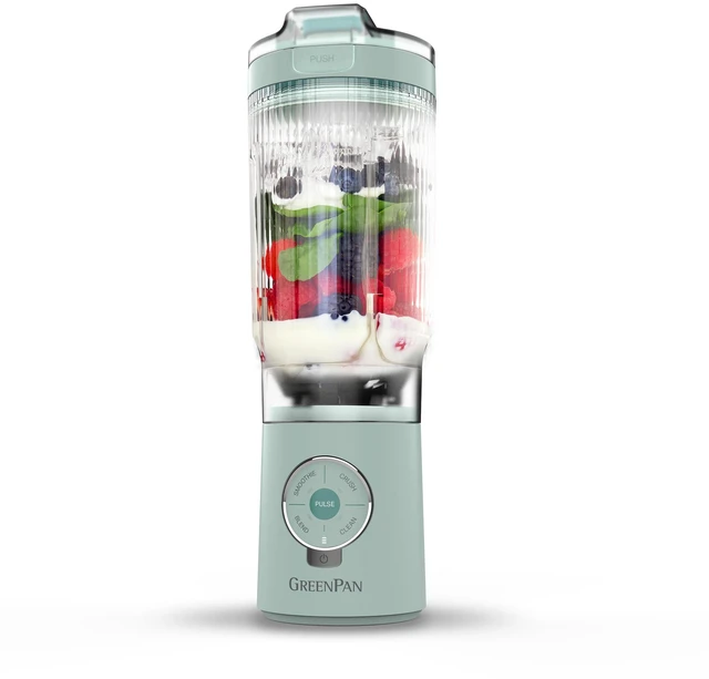 Main image of GreenPan Spin & Go Portable Blender, 24oz BPA-Free Cup, Self-Cleaning, Shakes Smoothies Juices, Crushed Ice & Frozen Fruits, Leakproof Lid, Fast Charge, Personal Handheld for Travel & Gym, Ancona Blue