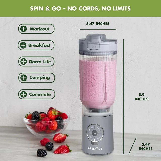 Alt view image 6 of 7 - GreenPan Spin & Go Portable Blender, 24oz BPA-Free Cup, Self-Cleaning, Shakes Smoothies Juices, Crushed Ice & Frozen Fruits, Leakproof Lid, Fast Charge, Personal Handheld for Travel & Gym, Ancona Blue