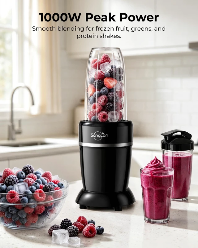 Alt view image 2 of 7 - Sangcon 1000W Powerful Countertop Blender for Smoothies, Frozen Fruit & Ice | 3 To-Go Cups (37/32/22 oz) BPA-Free, 6-Leaf Blade, Home & Gym, Protein Shakes, Coffee, Baby Food, Sauces, Dishwasher Safe