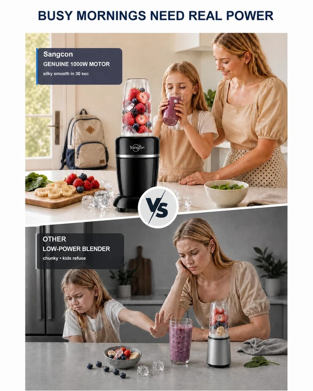 Alt view image 6 of 7 - Sangcon 1000W Powerful Countertop Blender for Smoothies, Frozen Fruit & Ice | 3 To-Go Cups (37/32/22 oz) BPA-Free, 6-Leaf Blade, Home & Gym, Protein Shakes, Coffee, Baby Food, Sauces, Dishwasher Safe