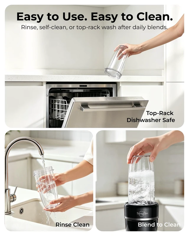 Alt view image 7 of 7 - Sangcon 1000W Powerful Countertop Blender for Smoothies, Frozen Fruit & Ice | 3 To-Go Cups (37/32/22 oz) BPA-Free, 6-Leaf Blade, Home & Gym, Protein Shakes, Coffee, Baby Food, Sauces, Dishwasher Safe