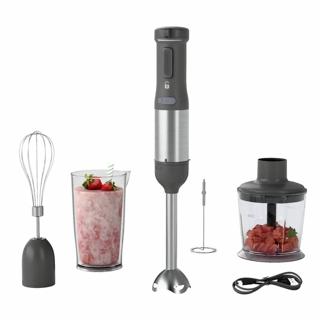 Main image of WHUTO 5-in-1 Cordless Immersion Blender with Rechargeable Handheld Battery | Variable-speed 2000mAh BatteryBPA-free&Dishwasher-safe, with Beaker, Chopper, Whisk & Frother for Kitchen, Grey