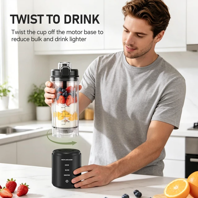 Alt view image 3 of 7 - Portable Blender Shakes and Smoothies, 22 Oz Personal Juicer Travel Cup | Electric Protein Shaker Bottle with Carry Handle, USB-C Rechargeable, Mini Small Detachable Blender for Kitchen Gym Travel