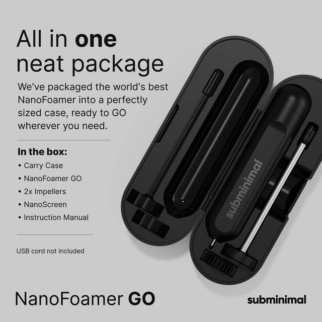 Alt view image 2 of 7 - Subminimal NanoFoamer GO Rechargeable Handheld Milk Frother, Black | Portable coffee whisk creates microfoam for lattes and matcha, mixes protein shakes, and includes a protective travel case.