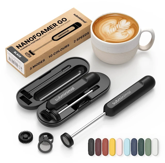 Main image of Subminimal NanoFoamer GO Rechargeable Handheld Milk Frother, Black | Portable coffee whisk creates microfoam for lattes and matcha, mixes protein shakes, and includes a protective travel case.