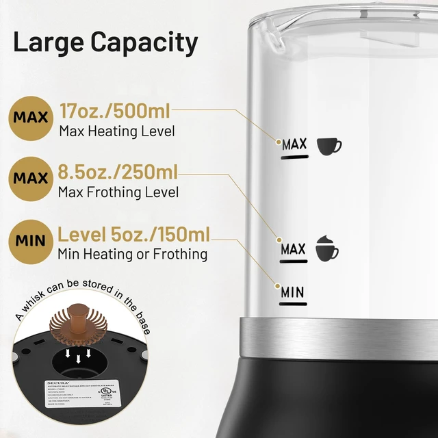 Alt view image 6 of 7 - Secura Milk Frother, 17oz Glass Hot & Cold Foam Maker, Modern | Detachable Dishwasher-Safe Jug, Fast & Quiet Frothing, 17oz Large Capacity Heats Milk or Chocolate for Multiple Servings